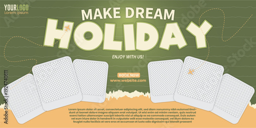 Green Summer Holiday Travel Banner Template with Polaroid Photo Style Frames