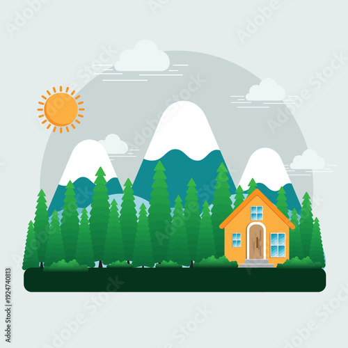 Flat Vector Illustration of a Small House Cabin in Pine Forest with Snowy Mountains Background