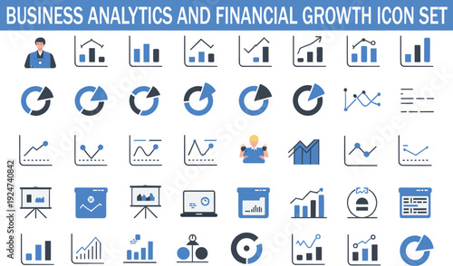 Business analytics and financial growth icon set with charts graphs dashboards and performance metrics, modern data visualization vector collection for marketing reports presentation design