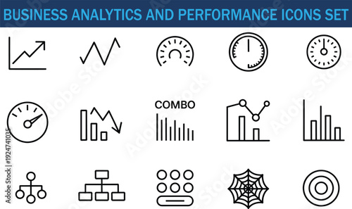 Business analytics and performance icons set, line charts gauges bar graphs combo chart, dashboard metrics, data visualization vector illustration