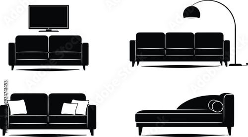 Set of living room furniture silhouettes including modern sofas lounge chairs television screen and floor lamp isolated on white background for interior design