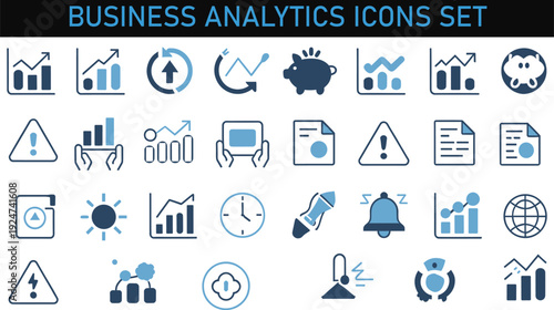 Business analytics icons set, financial growth charts, data analysis dashboard, piggy bank savings, alert warning, cloud upload, blue vector illustration