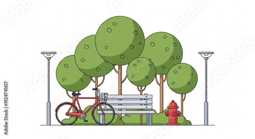 Park scene with a bicycle, bench, trees, and a fire hydrant, vector illustration.