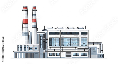 Detailed illustration of a power plant with tall smokestacks and industrial structures.
