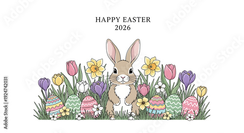 Vector illustration of a cute Easter bunny surrounded by colorful eggs, tulips, and flowers on a white background with a pastel Easter theme for Easter celebration and decoration.
