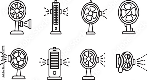 Various types of fans and their functions illustrated in a simple line drawing Vector