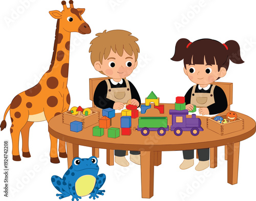 Cute Cartoon Children Playing with Wooden Blocks and Toy Train at Table with Giraffe and Frog, Preschool Early Education and Creative Play Concept Illustration