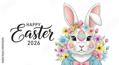 A colorful Easter bunny illustration with floral decorations and a pastel background conveys a festive Easter celebration for 2026.