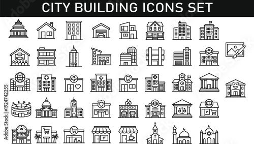 City building icons set, urban architecture landmarks, public institutions, hospital school bank stadium, religious temples, commercial stores, editable stroke line vector illustration