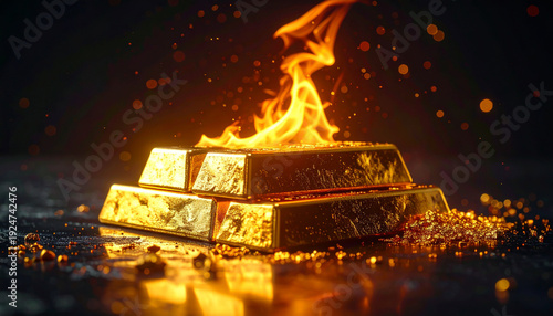 炎に包まれた金塊　投資の過熱感とリスクを象徴するコンセプトイラスト