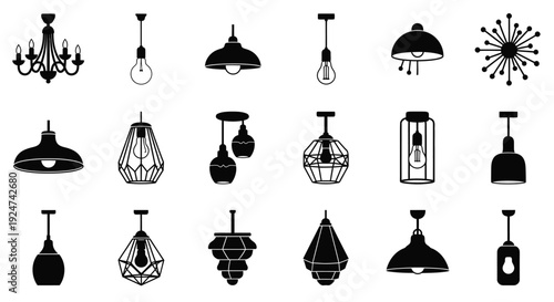 Collection of various black silhouette light fixtures and hanging lamps