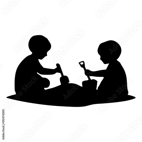 Children Playing with Sand Toy Silhouette Vector – Preschool Learning and Childhood Development Concept