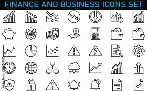 Finance and business icons set, investment growth charts, profit loss symbols, money management, analytics dashboard, banking security, editable stroke line vector illustration