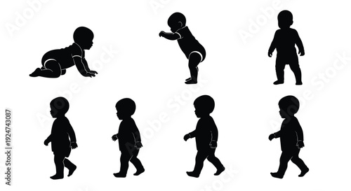 Silhouette illustrations depicting a baby s developmental stages from crawling to walking