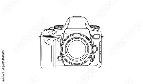 Modern DSLR Camera Line Art Vector Outline Illustration Isolated on White Background