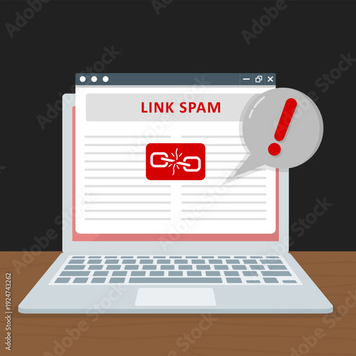 Laptop screen showing link spam warning with broken chain icon, symbolizing phishing attack, malicious URL, cyber threat and online security risk.