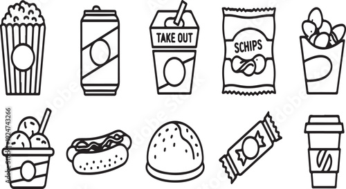 Assorted snacks and drinks illustrated in a simple black and white line drawing Vector