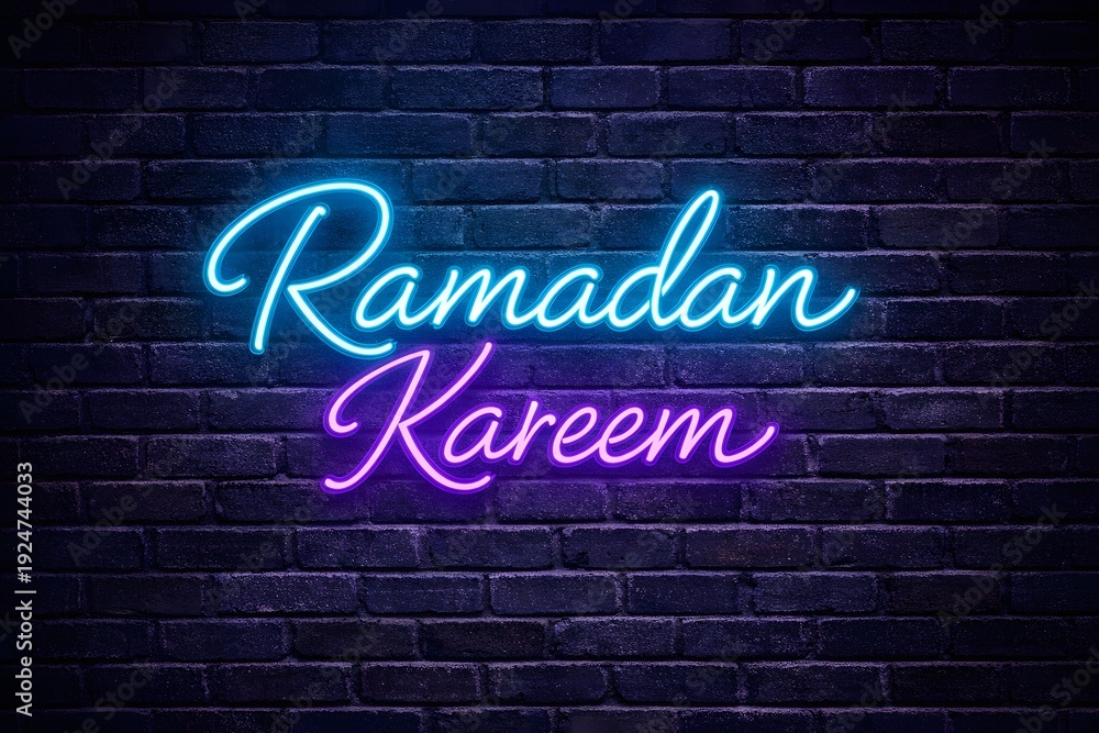 Obraz premium Ramadan kareem neon sign on brick wall background islamic greeting