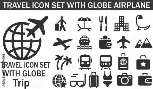 Travel icon set with globe airplane luggage hotel beach cruise passport camera and transportation symbols, tourism and vacation trip planning vector illustration collection