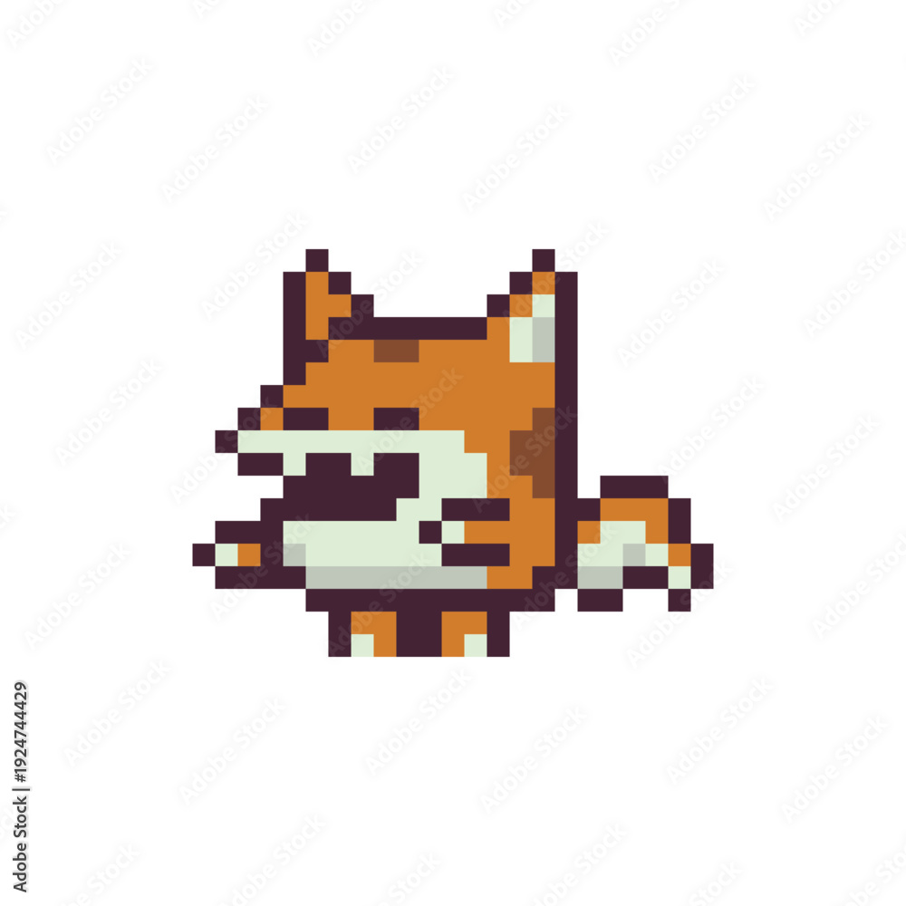 Fototapeta premium Cute pixel art fox in retro game style, animal sprite game characters, UI icon, collectible, fantasy environment, and cozy pixel scenes.