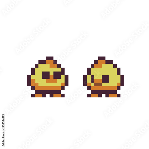 Pixel art small chicks in retro game style, farm game, agricultural simulation, UI element, collectible sprite, and countryside environment