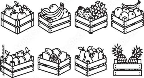 Assorted crates filled with various fruits and vegetables Vector