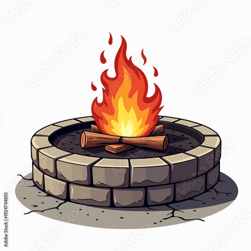 Traditional round stone fire pit with a blazing wood campfire creates a warm atmosphere for backyard gatherings and outdoor camping evening relaxation.
