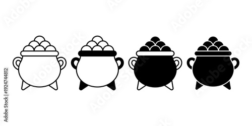 Pot of Gold Icon Set in Outline and Solid Style for Lucky Irish Celebration