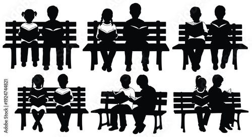 Silhouettes of people sitting on park benches displayed in a repetitive pattern