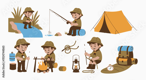 Scout boy camping outdoor activities like fishing and cooking