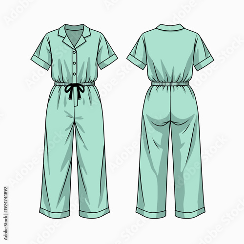 Professional fashion sketch of a mint green short sleeve jumpsuit for women featuring a drawstring waist and button front design for summer apparel retail.
