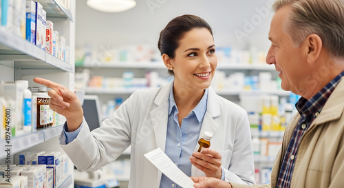 Smiling chemist in white coat pointing at medicine shelf for an elderly man patient