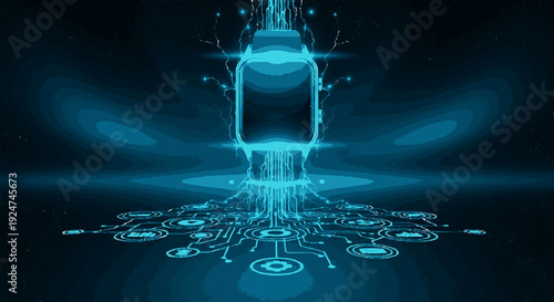 Futuristic smartphone with glowing blue circuits and abstract background representing advanced technology and digital connection with neon