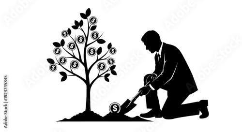 Businessman planting money tree with dollar sign leaves