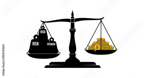 Black silhouette of balance scale with risk versus reward gold coins