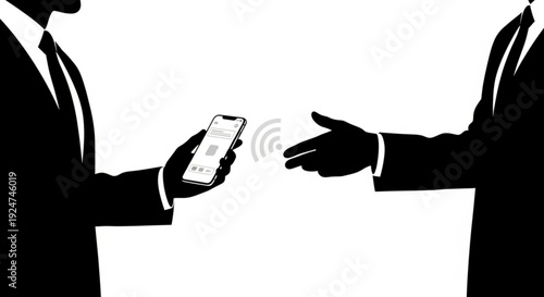 Silhouette of two businessmen exchanging a smartphone