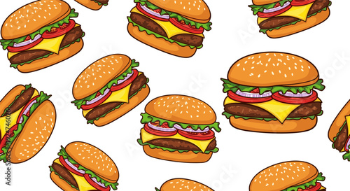 Burger Seamless Pattern, Delicious Fast Food Hamburger Flat Vector Illustration