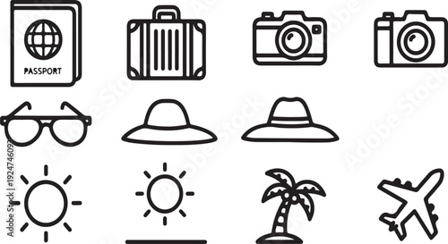 Vacation essentials and summer travel icons set Vector