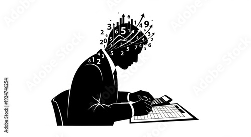 Black silhouette of a man sitting at a keyboard with numbers floating above his head