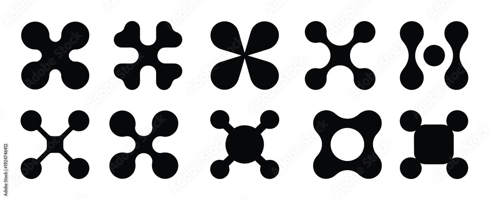 Fototapeta premium Abstract metaball figures. Metaball dot shapes, y2k connected round blobs icons flat vector illustration set. Liquid molecule shapes