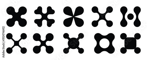 Abstract metaball figures. Metaball dot shapes, y2k connected round blobs icons flat vector illustration set. Liquid molecule shapes