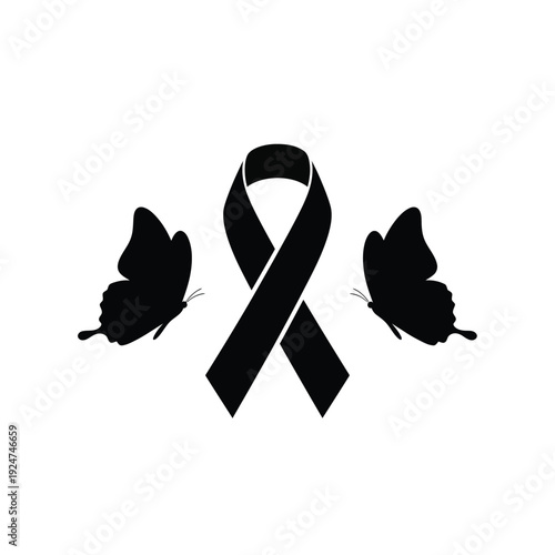 A black ribbon symbolizing mourning and remembrance, flanked by two delicate black butterflies against a clean white background.