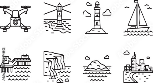 Illustrations of various modes of transportation and geographical landmarks Vector