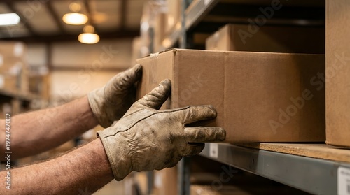 Close-Up of Gloved Worker Hands Pulling Cardboard Box From Metal Storage Shelf in Warehouse