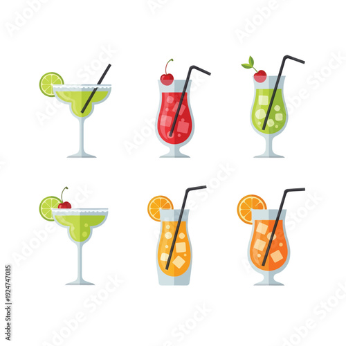 A vibrant flat illustration showcases six colorful cocktails with garnishes and straws, presented in a clean grid layout against a white background.