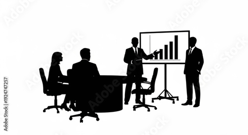 Business meeting with people discussing graph on whiteboard in office setting
