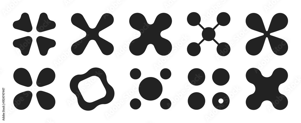 Fototapeta premium Abstract Metaball Figures, vector collection featuring connected round blob icons, Y2K style dot shapes, liquid molecule forms, fluid organic elements, and flat vector illustrations isolated on white 