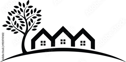 Row of Houses with Tree on Hillside Simple Iconography Vector Graphic
