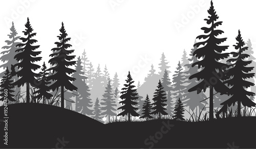 Pine Forest Silhouette with Layered Trees and Subtle Grass Detail
