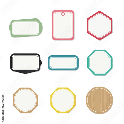 A collection of nine colorful, flat design blank labels and tags in various geometric shapes, isolated on a white background.